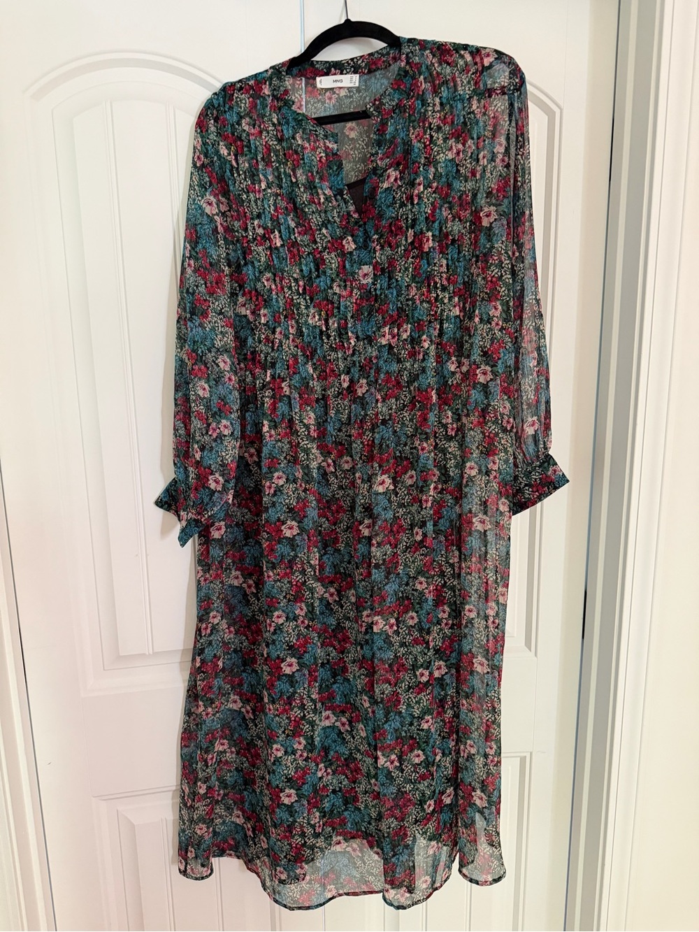 Mango Floral Chiffon Pleated Midi Dress in Teal & Burgundy
